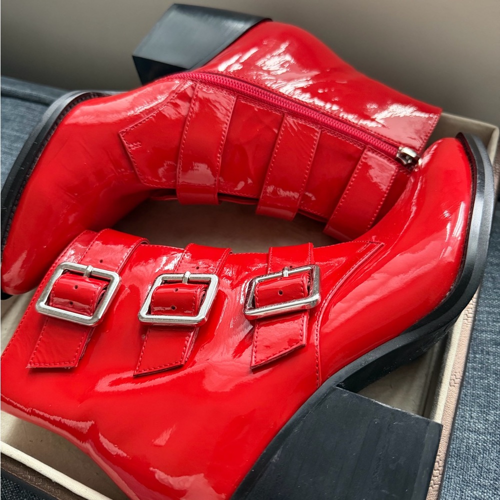 Django & Juliette Marzena Buckled Red Patent Leather Ankle Boots - Picture 5 of 16